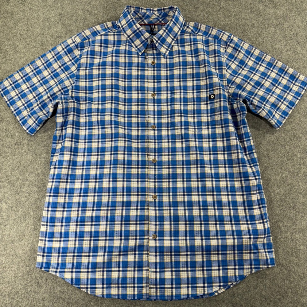 Marmot Mens Blue Plaid Short Sleeve Button Down Shirt Size Large‎